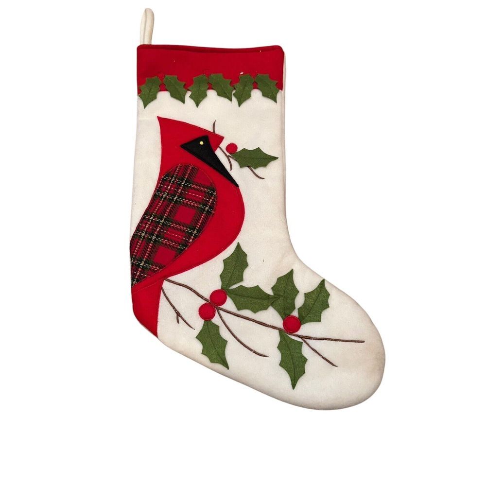 Felt Christmas Stocking with Appliqued Cardinal Holly And‎ Berries 19 Inches